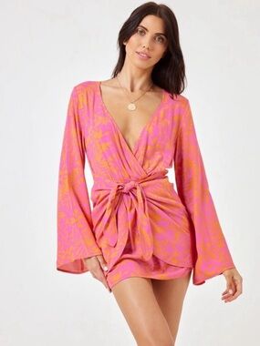 L*Space Kristy Mini Dress in Path to Paradise Pink Orange Floral Tie Front